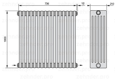Схема (чертеж) Радиатор Zehnder Charleston 6180/16 №2670 Белый глянцевый RAL 9016
